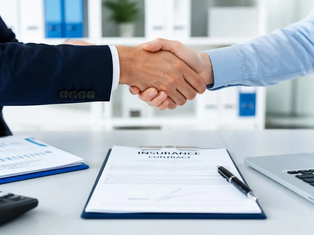 Poignée de main au-dessus d'un contrat d'assurance signé