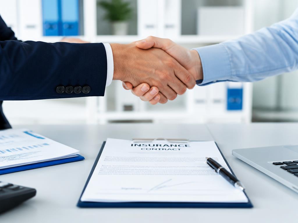 Poignée de main au-dessus d'un contrat d'assurance signé